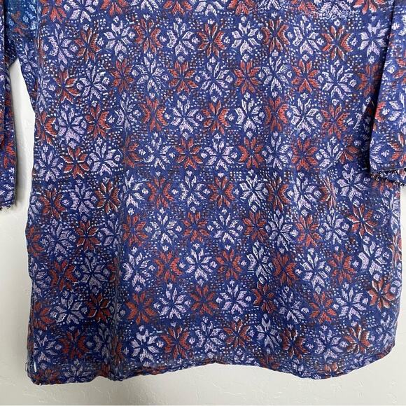 Roberta Roller Rabbit Blue Snowflake Pattern Beaded Trim V Neck Blouse XS - Picture 9 of 12